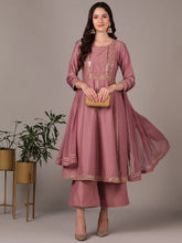 Women Pink Silk Blend Solid Yoke Design Zari Anarkali Kurta Palazzo With Dupatta